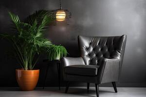 Black Leather Armchair Lamp Living Room Interior photo