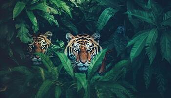 Tigers prowling through a enchanted jungle their fur imbued with shimmering otherworldly patterns photo