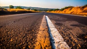 Asphalt Road And White Dividing Lines, Highway in early morning, . photo