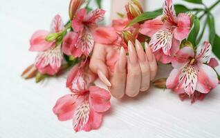 Elegant pastel pink natural manicure. photo