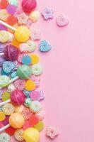 Sweet lollipops and candies on pink background photo