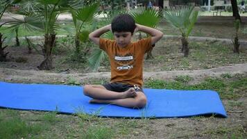 asiatique intelligent enfant Faire yoga pose dans le société parc Extérieur, enfants yoga pose. le peu garçon Faire yoga et méditation exercer. video