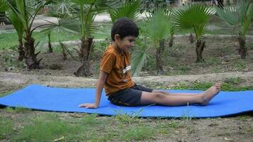 ásia inteligente criança fazendo ioga pose dentro a sociedade parque ar livre, crianças ioga pose. a pequeno Garoto fazendo ioga e meditação exercício. video