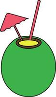 Pink umbrella with straw in green coconut. vector