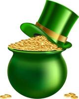 Gold coin in leprechaun pot with leprechaun hat. vector