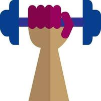 Brown hand holding blue barbell. vector