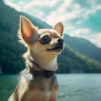 Adorable Chihuahua Gazing Upward by the Lake. photo