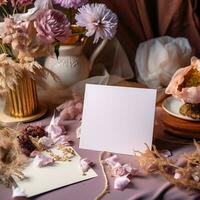 Tabletop Mock-Up Empty Paper Card with Dried Flowers. AI photo