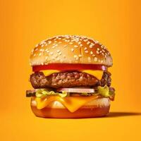 Hamburger on Yellow Background with Copy Space. photo