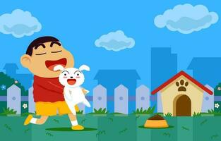 Chubby Boy Playing With His Dog vector