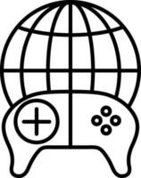 Black line art illustration of gamepad with globe. vector