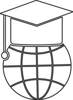 Morterboard on earth globe in black line art. vector
