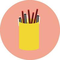 Collection of pen and pencil in yellow box on round background. vector