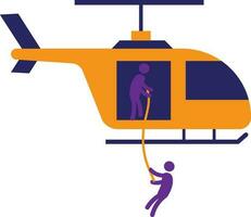 Character of man hang rope to catch another person from aeroplane. vector