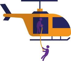 Character of faceless man climbing wiith rope on orange and blue helicopter. vector