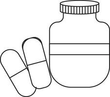 Medicine bottle with pills in black line art. vector