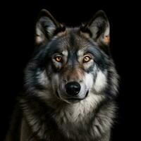 majestuoso lobo retrato en negro antecedentes. ai foto