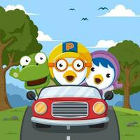 Happy Blue Penguin Riding Car with Friends vector