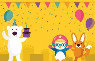 linda pequeño pingüino y amigos cumpleaños fiesta vector