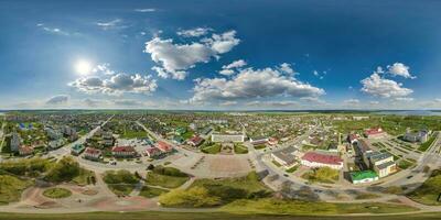 aerial hdri 360 panorama view from great height on buildings, churches and center square of provincial city in equirectangular  seamless spherical  projection. may use as sky replacement for drone photo