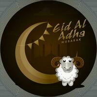 Islamic Festival of Sacrifice, Eid-Al-Adha Mubarak Celebration Poster Design with Golden Crescent Moon and Cartoon Sheep on Brown Silhouette Mosque Background. vector