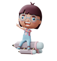 Happy child with pencil, cute girl cartoon character, 3d rendering png