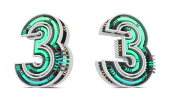 3D Number with green neon light effect, 3d rendering png