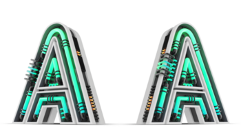 3D Alphabet with green neon light effect, 3d rendering png