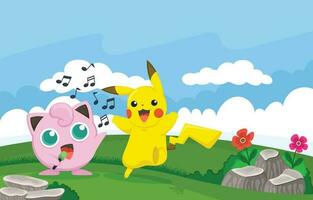 Background of Cute Yellow Mouse Singing with Friend vector