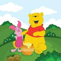 Cute Yellow Bear and Piglet Eat Honey vector