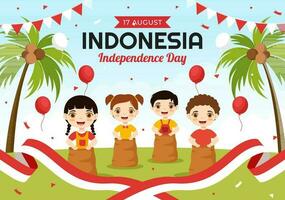 indonesio independencia día vector ilustración en 17 agosto con niños haciendo tradicional competencia en plano dibujos animados mano dibujado modelo