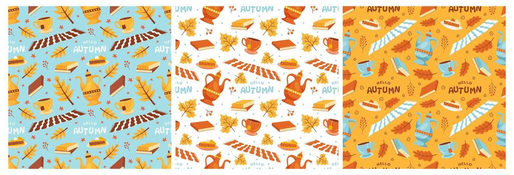 conjunto de otoño sin costura modelo ilustración elemento panorámico de arce arboles caído en dibujos animados modelo mano dibujado vector