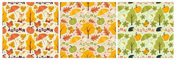 Set of Autumn Seamless Pattern Illustration Element Panoramic of Maple Trees Fallen in Cartoon Template Hand Drawn vector