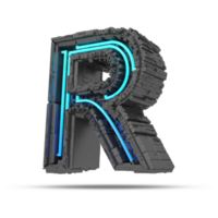 3d spaceship alphabet with neon light effect, 3d rendering png