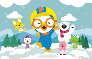 Pororo with Friend in The Snow Background vector