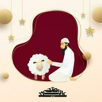 Arábica caligrafía de Eid al-Adha Mubarak con musulmán hombre personaje Orando antes de sacrificio de oveja en rojo y beige antecedentes. vector