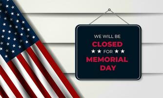 Memorial day background design with we will be closed for text vector