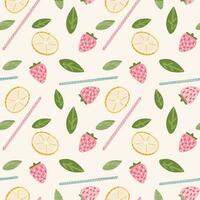 Cocktail seamless pattern. Mojito texture. Lemon, strawberries, and mint. Nice illustration for wrapping paper, decoration, textile. Vector