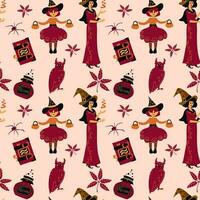 Seamless Halloween Pattern, Character Witch on a Broomstick and Flight Cartoon Ghosts, Tile Holiday Background. Vector. vector