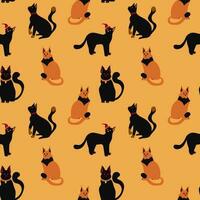 Halloween witch cats seamless pattern in flat style, hand drawn witchcraft texture. Graphic print for clothes, fabric, wallpaper, wrapping paper. vector