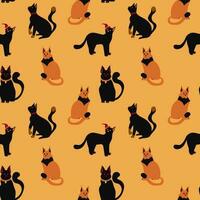 Halloween witch cats seamless pattern in flat style, hand drawn witchcraft texture. Graphic print for clothes, fabric, wallpaper, wrapping paper. vector