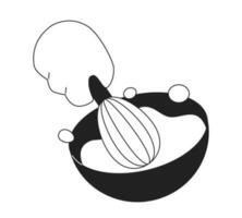 Hand with whisk whipping cream flat monochrome flat vector object. Cooking utensil. Mix dough. Editable black and white thin line icon. Simple cartoon clip art spot illustration for web graphic design