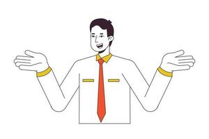 Office man shrugging shoulders in confusion flat line color vector character. Editable outline half body person on white. Clueless employee simple cartoon spot illustration for web graphic design