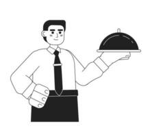 Waiter with dish monochromatic flat vector character. Editable thin line half body young caucasian man hold tray with dome on white. Simple bw cartoon spot image for web graphic design.