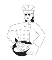 hembra cocinero mezcla masa monocromo plano vector personaje. editable Delgado línea medio cuerpo cocinar con batidor y cuenco en blanco. Cocinando personaje. sencillo bw dibujos animados Mancha imagen para web gráfico diseño