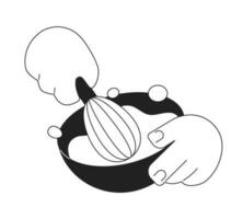 Hand hold bowl and mix dough flat monochrome flat vector object. Whipping cream with whisk. Editable black and white thin line icon. Simple cartoon clip art spot illustration for web graphic design