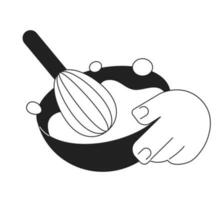 Hand hold bowl and whisk monochrome flat vector object. Cooking utensil. Food preparation. Editable black and white thin line icon. Simple cartoon clip art spot illustration for web graphic design