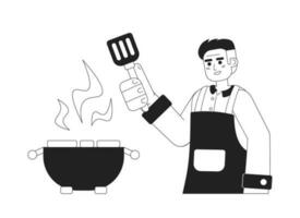 Adult man cooking on bbq grill monochromatic flat vector character. Editable thin line half body male chef with spatula on white. Simple bw cartoon spot image for web graphic design