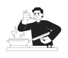 Male chef taste food monochromatic flat vector character. Editable thin line half body caucasian man with steel spoon hold lid on white. Simple bw cartoon spot image for web graphic design