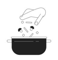 Add vegetables in pan flat monochrome flat vector object. Food preparation in steel pot.Editable black and white thin line icon. Simple cartoon clip art spot illustration for web graphic design